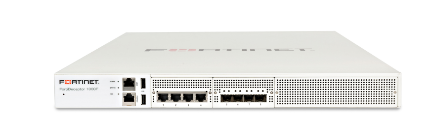 White Fortinet FortiDeceptor 1000F appliance with perforated panel and Ethernet ports