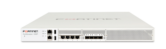 White Fortinet FortiDeceptor 1000F appliance with perforated panel and Ethernet ports