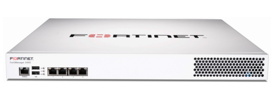 White Fortinet FortiManager 200G appliance with GE ports and ventilation grille