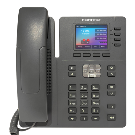 Black Fortinet FON-280B IP phone with 2.4-inch color touchscreen and keypad