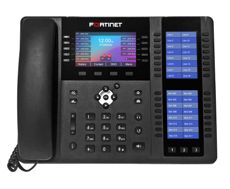 Black Fortinet FON-580B IP phone with dual color screens and line buttons
