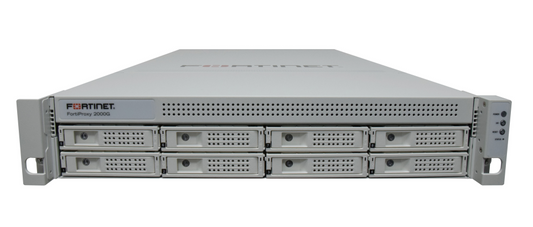 Gray Fortinet FortiProxy-2000G server rack with 8 drive bays