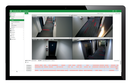 Fortinet FRC-100G NVR tablet UI with 4 live hallway camera feeds