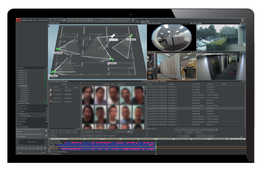 Fortinet FRC-100G NVR showing security feeds and facial recognition on black tablet