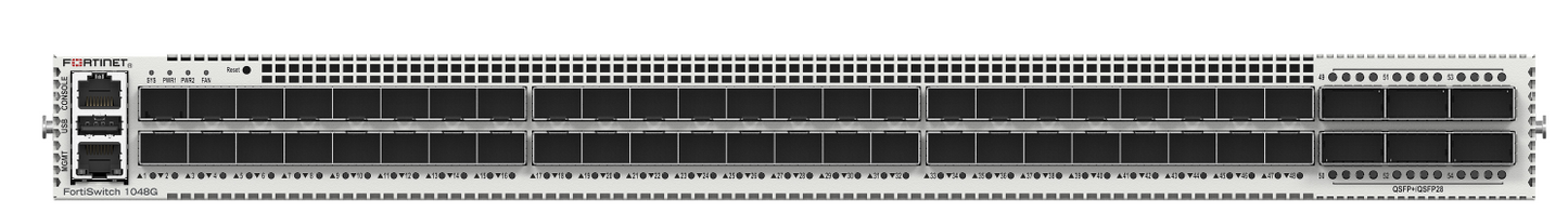 Fortinet FortiSwitch-1048G rear gray metal rack with ports and vents