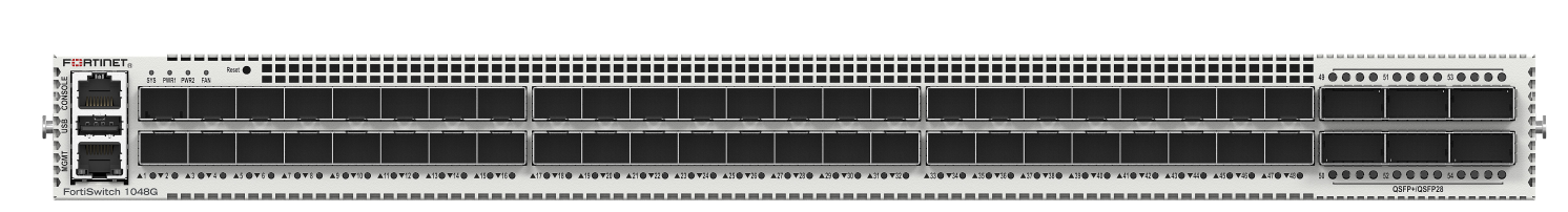 Fortinet FortiSwitch-1048G rear gray metal rack with ports and vents