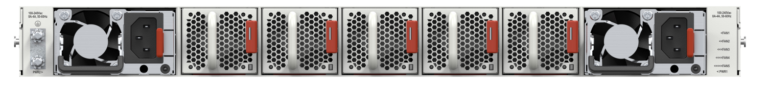 Fortinet FortiSwitch-1048G silver server rack with black fans and red power connectors