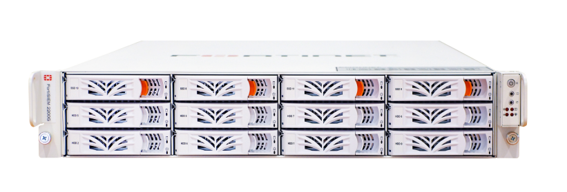 Fortinet FSM-2200G FortiSIEM rack with white bays and black orange labels