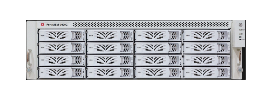 White Fortinet FSM-3600G FortiSIEM server rack with perforated front panel