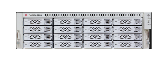 White Fortinet FSM-3600G FortiSIEM server rack with perforated front panel