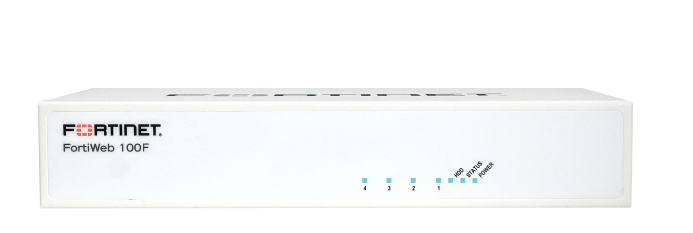 White Fortinet FortiWeb-100F appliance with 4 GE RJ45 ports, front view