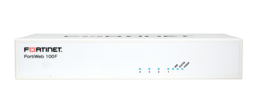 White Fortinet FortiWeb-100F appliance with 4 GE RJ45 ports, front view