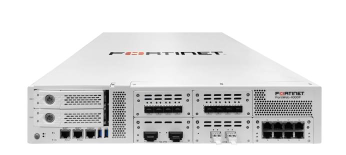 White Fortinet FortiWeb-4000F firewall with ports and vents