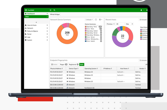 FortiNAC FNC-CAX-VM dashboard on sleek black laptop with charts and endpoint data