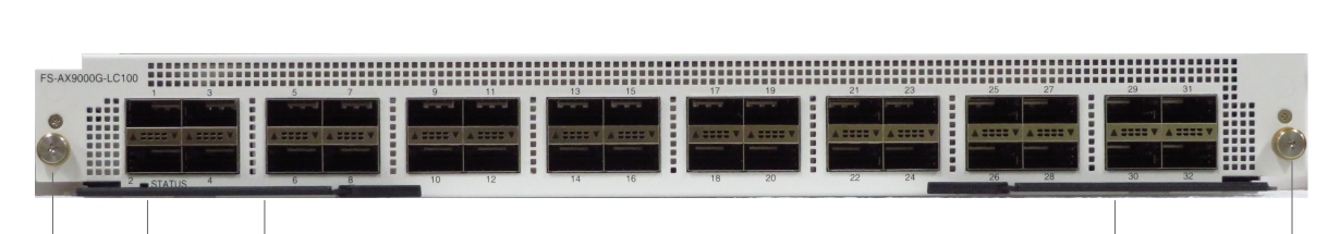 Fortinet FS-AX9000G-LC100 line card with white rack, black ports, gold labels