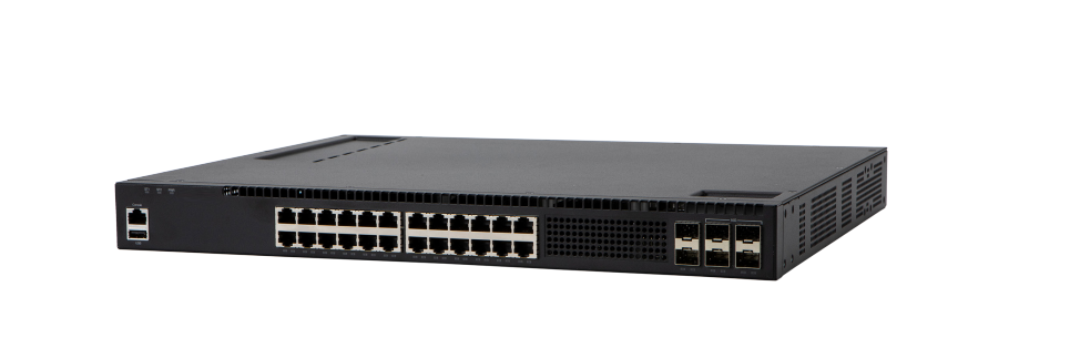 Fortinet FS-AX2340S-24PH4X fanless switch with 24 PoE+ ports and ventilation