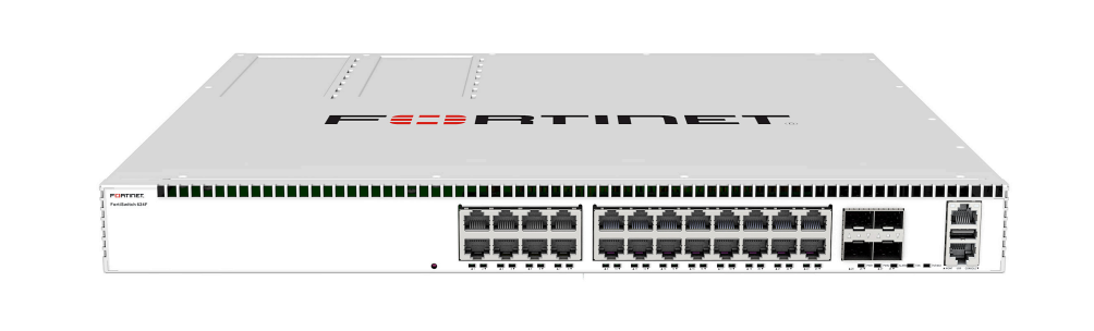 Fortinet FS-AX624F FortiSwitch white switch with 24x5G RJ45 ports, green LEDs