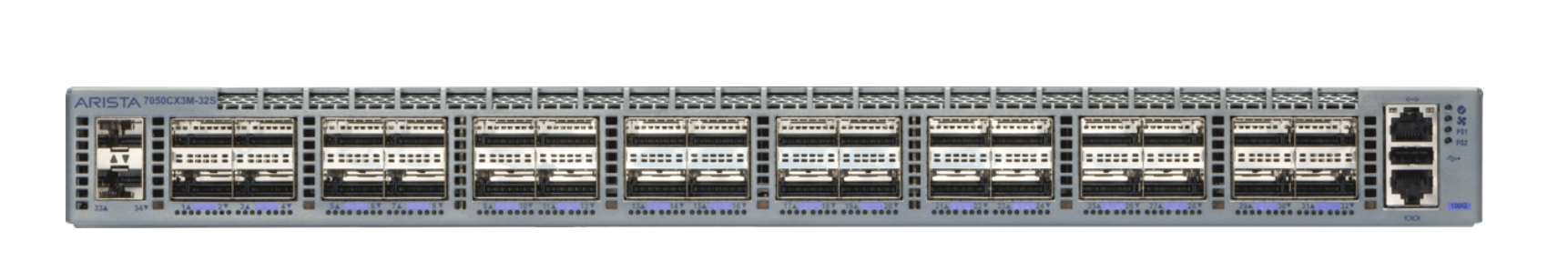 Arista DCS-7050CX3M-32S-F 32-port MACsec switch with gray metal ports and blue LEDs