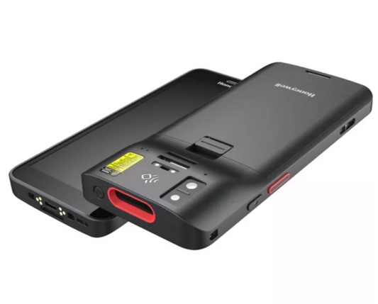 Honeywell CT37-X0N-57S10DG mobile computer with red accent and yellow label