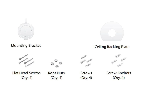 White plastic mounting bracket with four screw holes for Ubiquiti U6+ AP kit