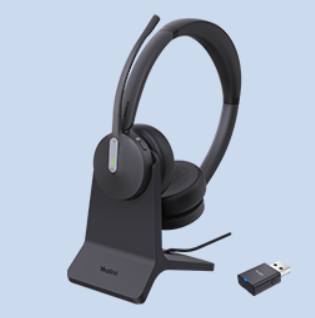 Yealink WH64-H-D-CH-MS stereo Bluetooth DECT headset on charging stand