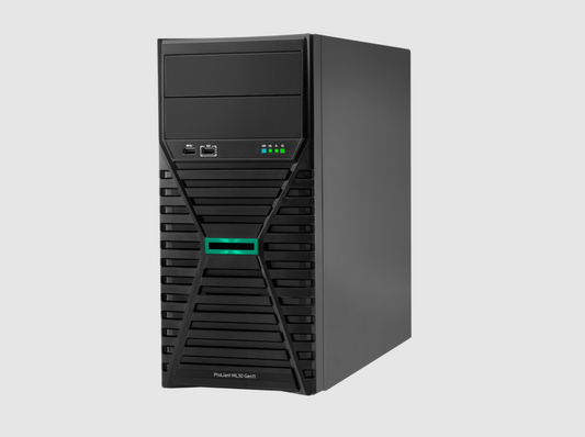 HPE ProLiant ML30 Gen11 black tower server with green illuminated panel