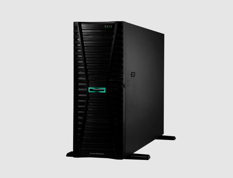 HPE ML350 Gen11 with black ProLiant DL380 Gen9 tower, green LEDs