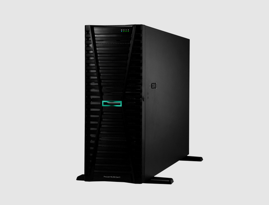 HPE ML350 Gen11 with black ProLiant DL380 Gen9 tower, green LEDs
