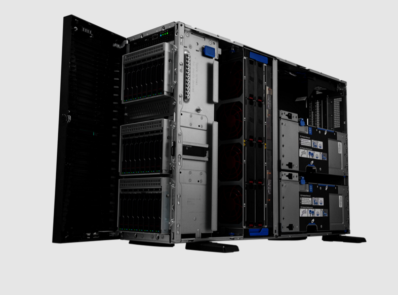 HPE ML350 Gen11 black silver server rack with drive bays blue accents