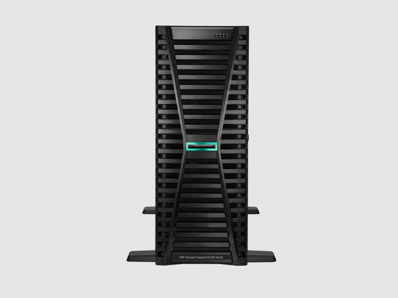 HPE ProLiant ML350 Gen12 black server with X-shaped panel and teal light