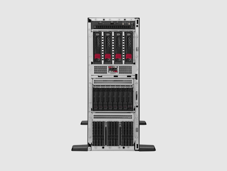 HPE ML350 Gen12 black silver server rack with drive bays red lights