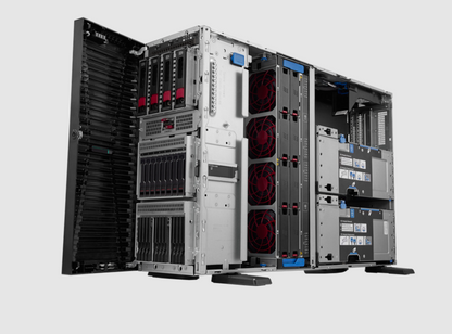 HPE ML350 Gen12 black silver server rack with red fans blue accents modular bays