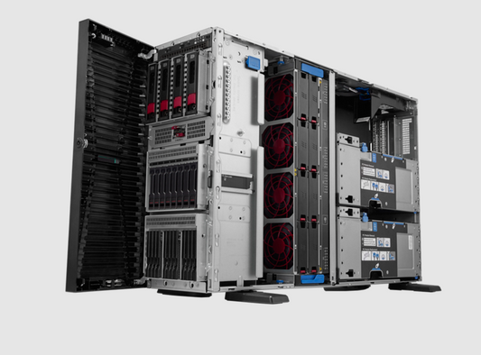 HPE ML350 Gen12 black silver server rack with red fans blue accents modular bays