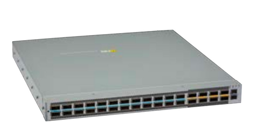 Arista DCS-7050CX4-24D8-F gray metal switch with ports and yellow sticker