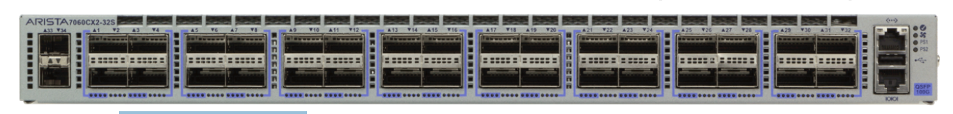 Arista DCS-7060CX2-32S-F switch with gray blue chassis and Arista label