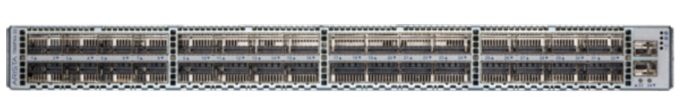 Back of Arista DCS-7060PX4-32 gray server rack with black ports and vents