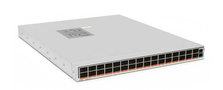 Arista DCS-7060X6-32PE-F 32-port switch with silver chassis, black Ethernet ports, orange LEDs
