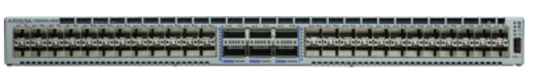Arista DCS-7280SR2-48YC6-F gray switch with ports and blue lights