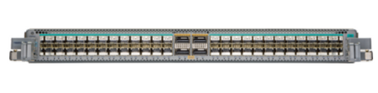 Gray Cisco Catalyst 9500 switch with Arista 7500R3 line card ports