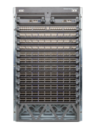 Arista DCS-7512N-CH chassis with gray metal rack, 12 line card slots