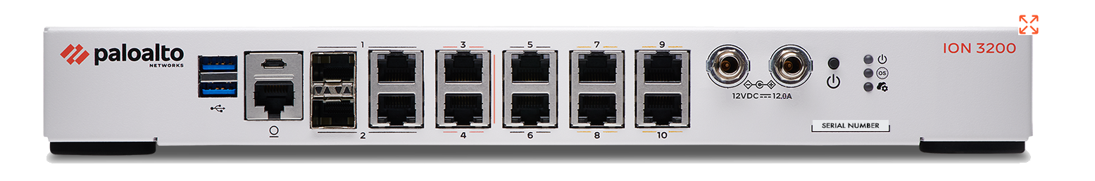 White Palo Alto Networks ION 3200 firewall with Ethernet ports and USB