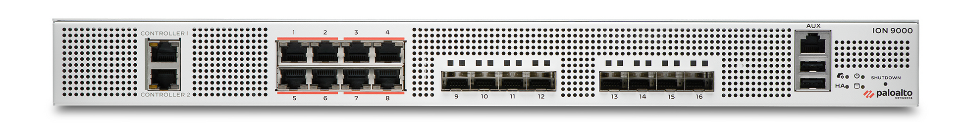 Palo Alto ION 9000 firewall with white chassis, black ports, silver metal