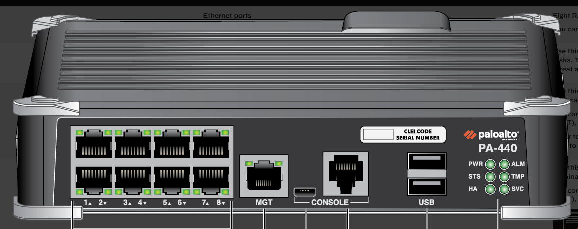 Palo Alto PA-440 firewall back with Ethernet ports, USB, status lights