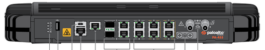 Back of Palo Alto PA-455 firewall with Ethernet ports, USB, power