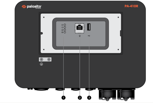 Black Palo Alto Networks PA-410R firewall with silver control panel ports