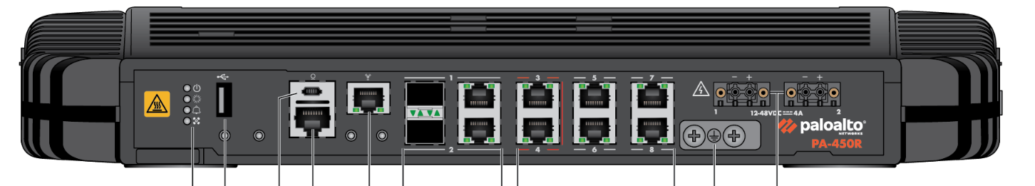 Black Palo Alto PA-450R firewall rear with Ethernet ports and lights