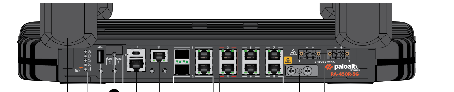 Back of Palo Alto PA-450R-5G firewall with PA-4050-30 switch ports