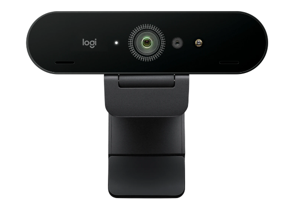 Black Logitech Brio 4K webcam with sleek design and circular lens rings