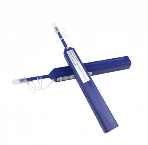 Blue fibre optic test tool with white coiled cable and label for one-click lc and mu 1.25mm connector cleaner 800+ cleans