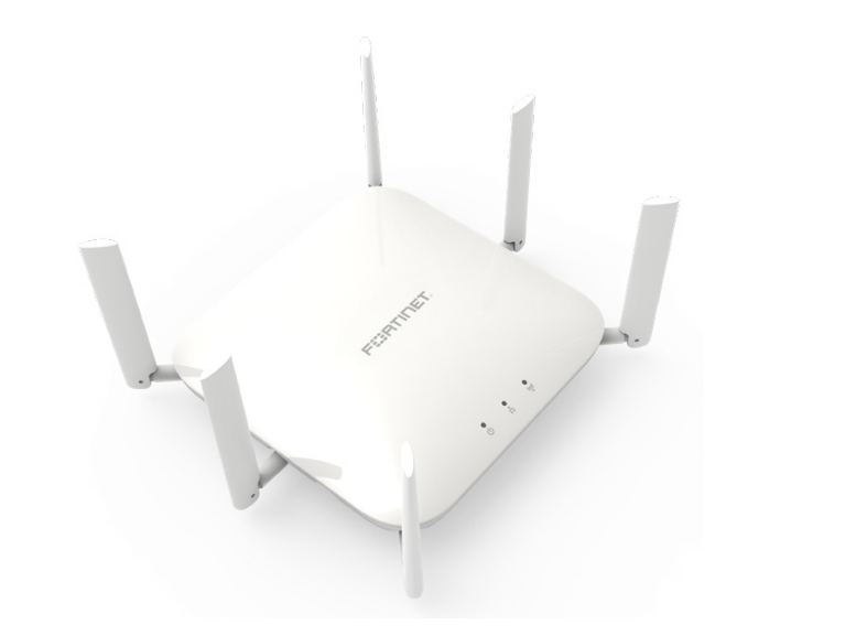 White fortinet fap-243k-h wi-fi 7 tri-band indoor ap with four external antennas and 10g poe support